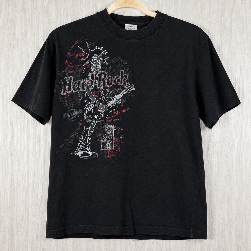 Hard Rock Cafe Beirut T Shirt Black Skeleton Guitar Punk Graphic Youth XL